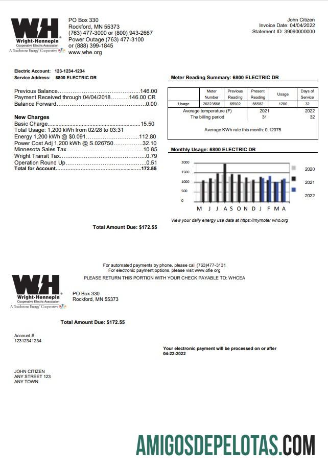 realista Modelo de conta de serviços públicos dos EUA Minnesota Wright Hennepin em formato Word e PDF